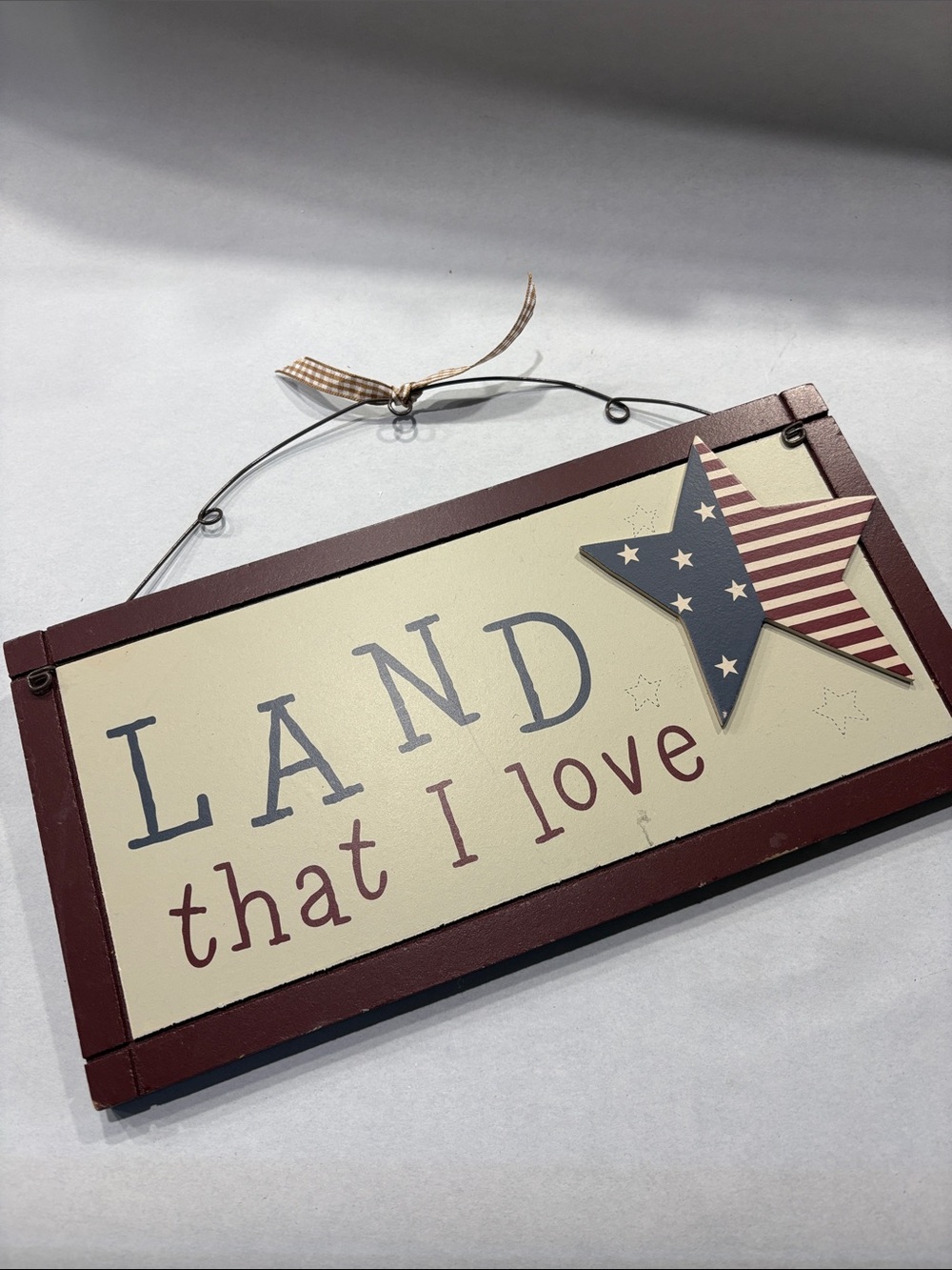 “LAND THAT I LOVE” Primitive Americana hanging wooden sign country USA decor